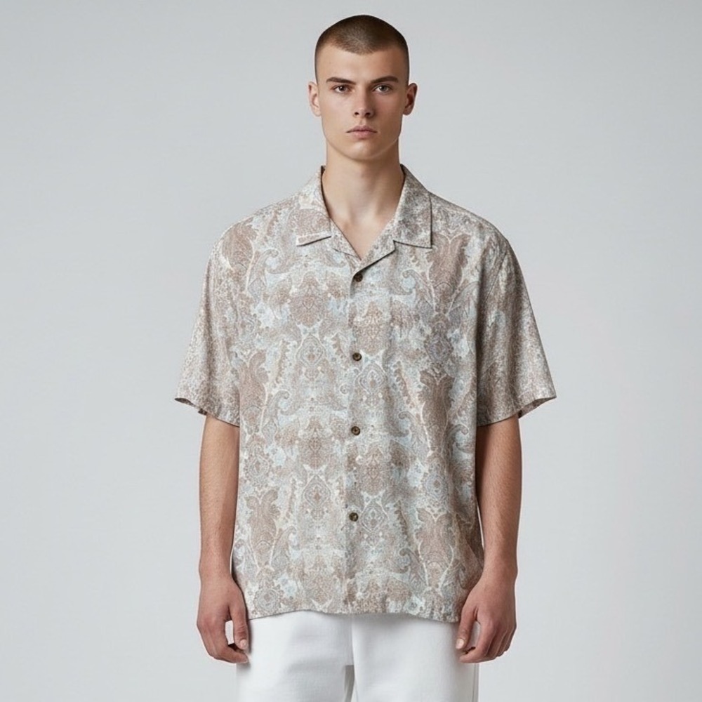 Rhythm. Linen Blend‎ Jean Paisley Short Sleeve Button Down Shirt - M